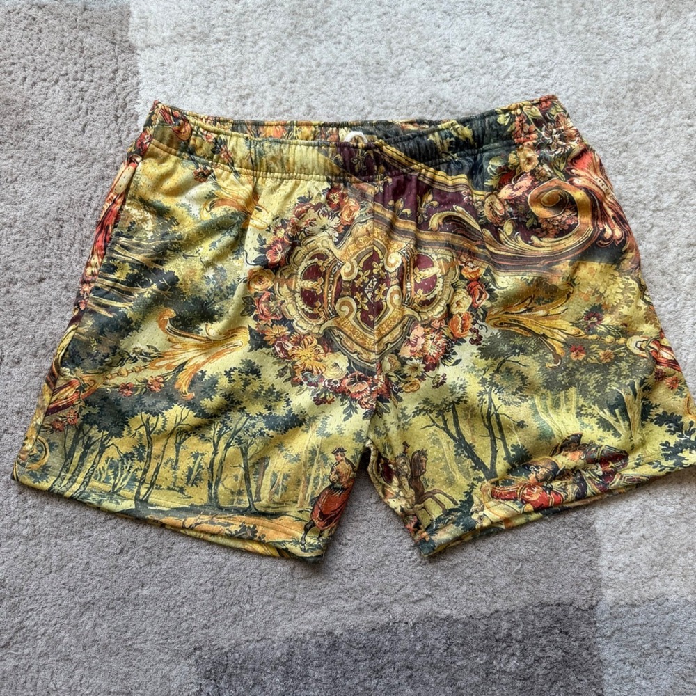 MNM L Baroque Tapestry Mesh Shorts Mens XL Multicolor Rococo Floral Athletic